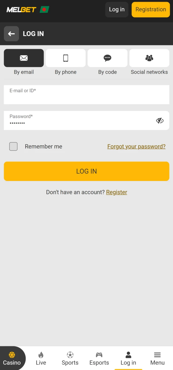 Use your email to log in to your Melbet account.