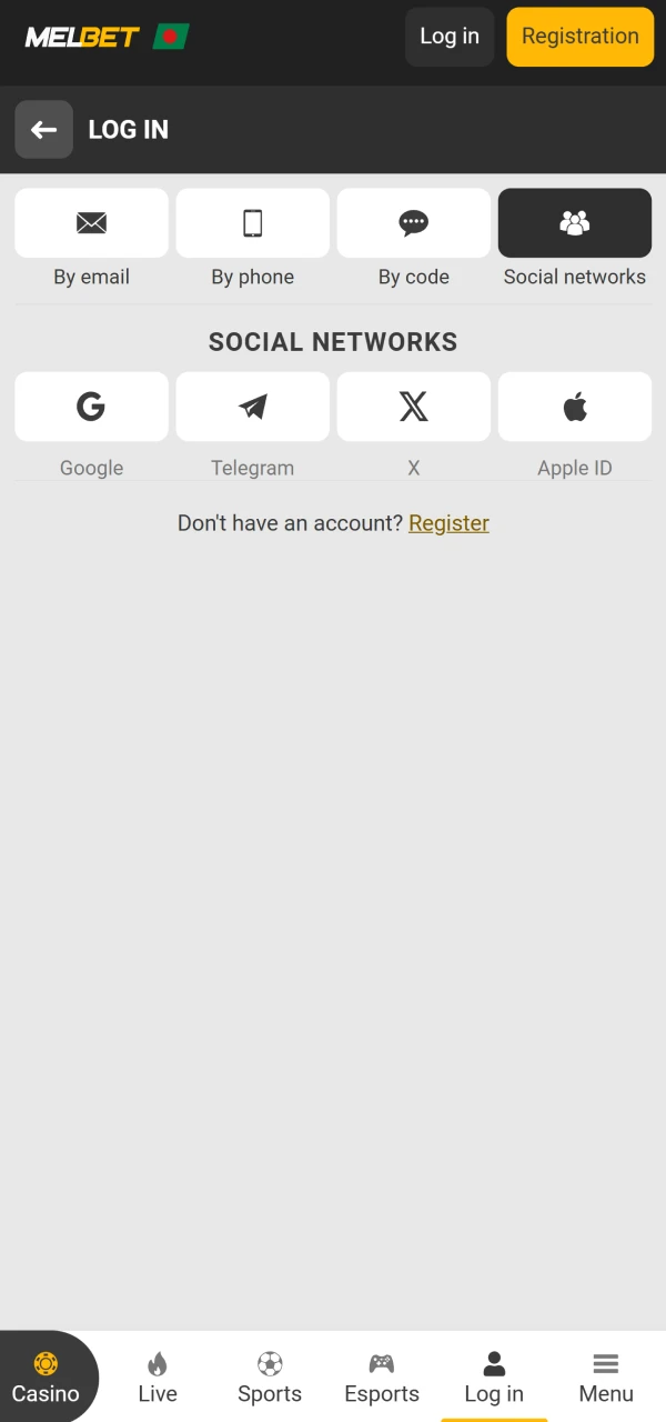 To log into your Melbet personal account, you can use your social networks.