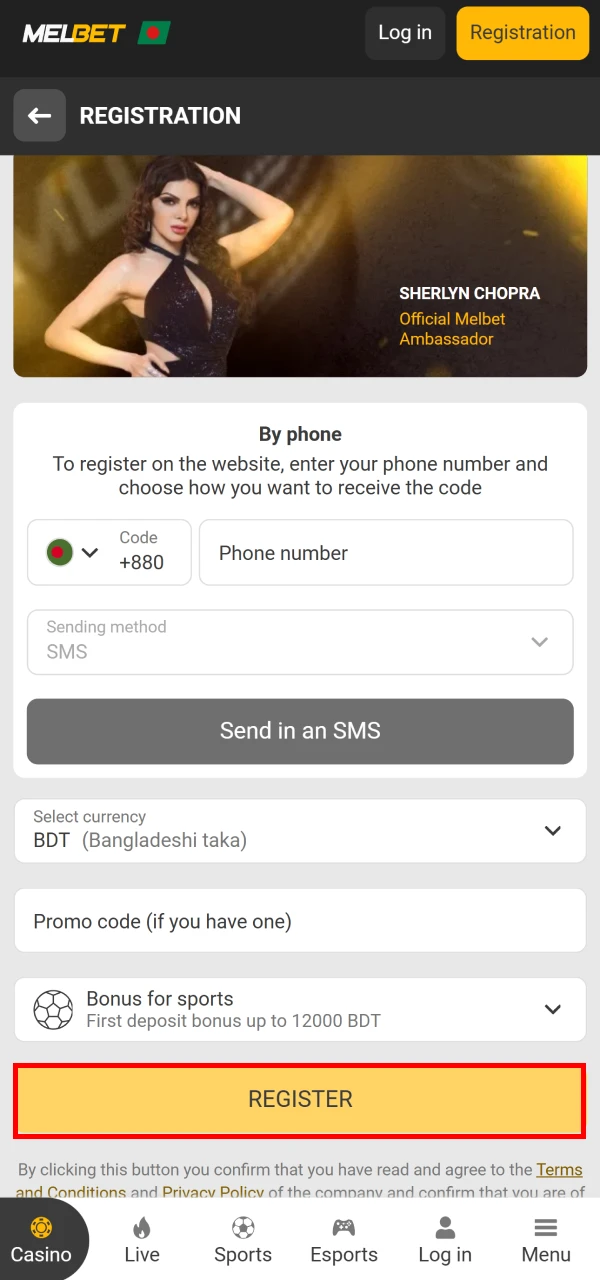 Complete your registration on Melbet.