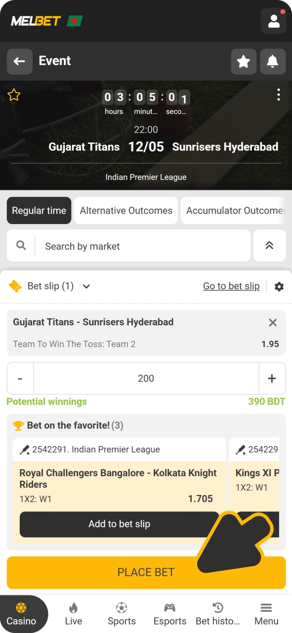 Enter amount and confirm your bet at Melbet app.