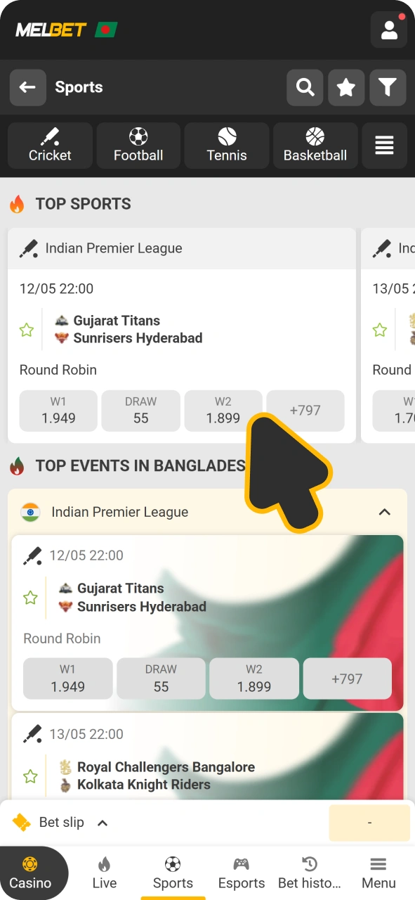 Select sport to bet on at Melbet app.