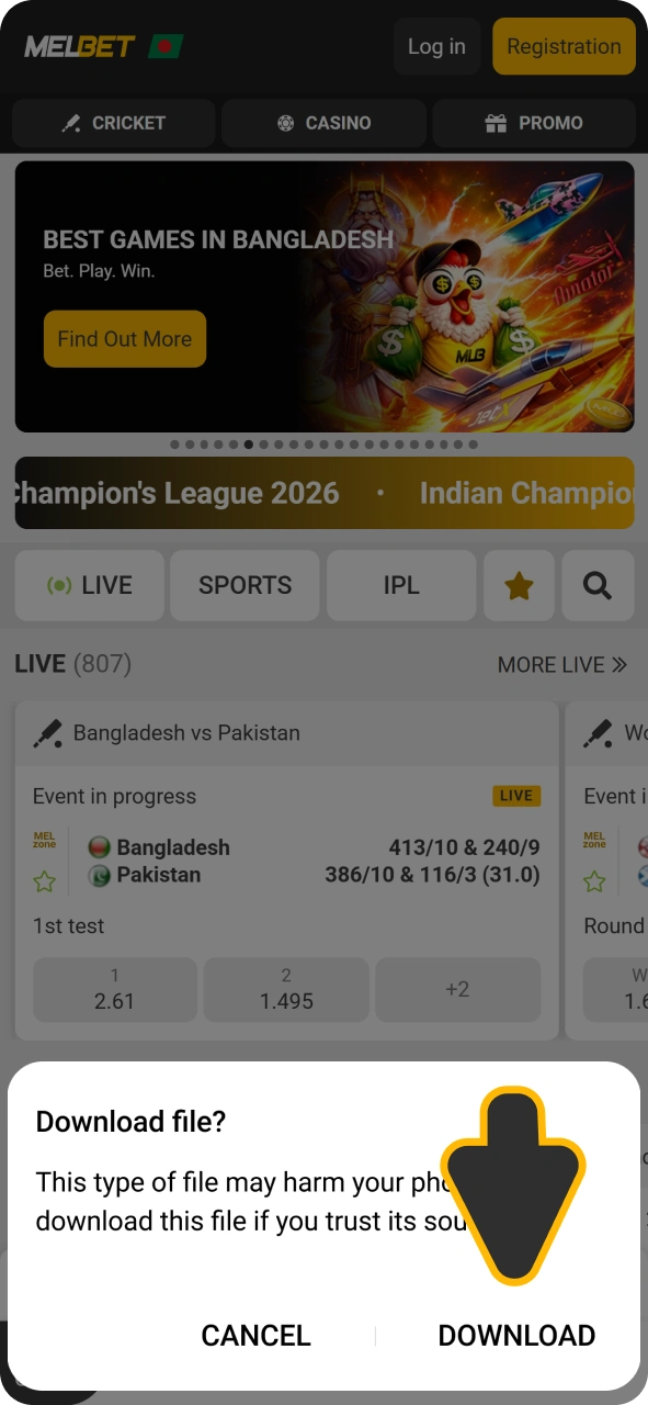 Press download button to get Melbet android app.