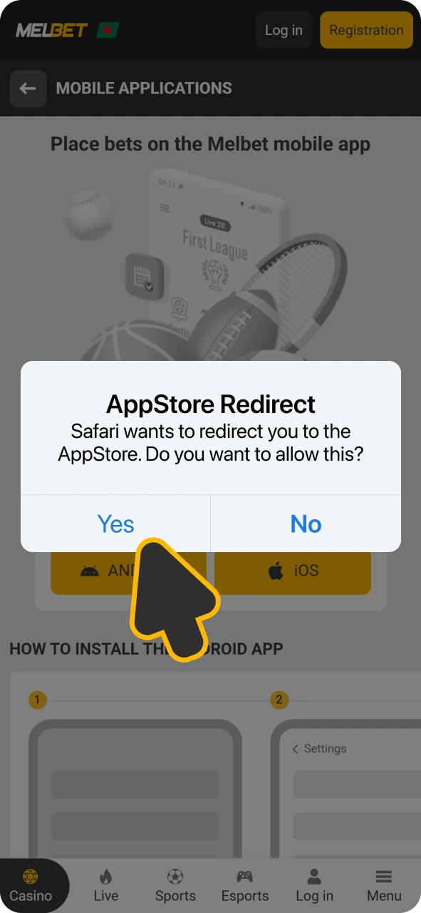 Confirm redirecting to App Store to get Melbet iOS app.