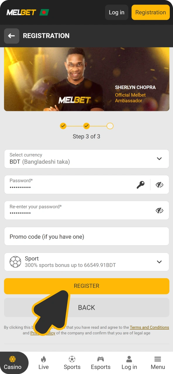 Submit your registration form at Melbet app and start betting.