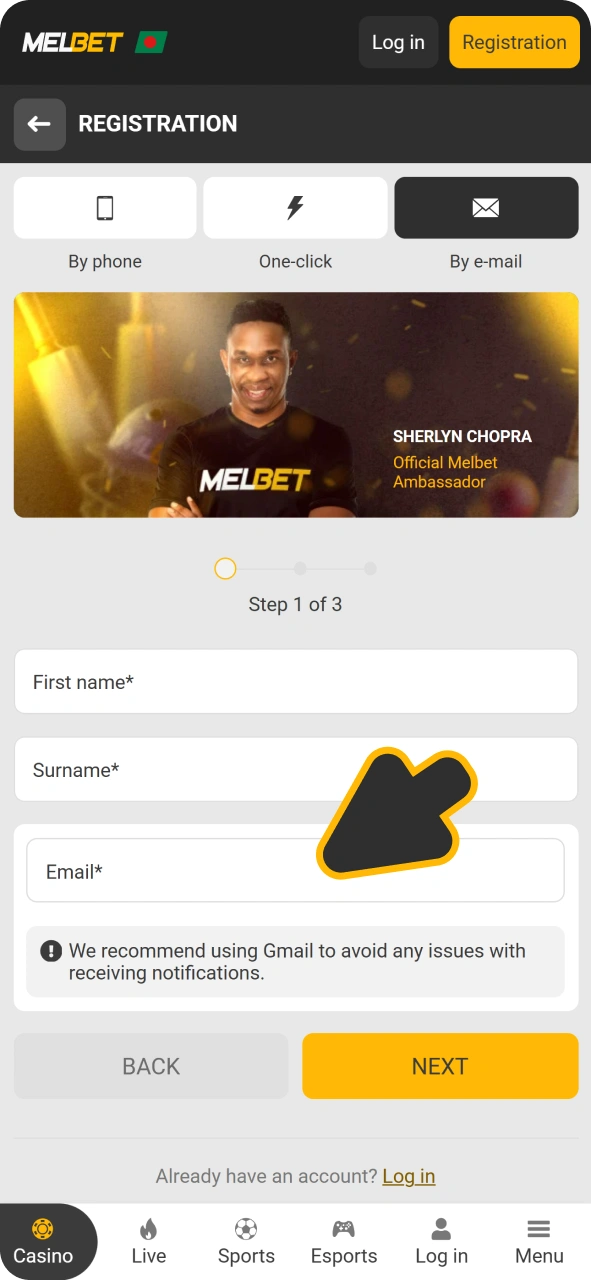 Enter email, phone and other details for registration at Melbet app.