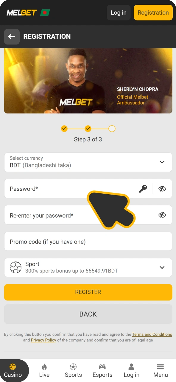 Finish registration form at Melbet app.