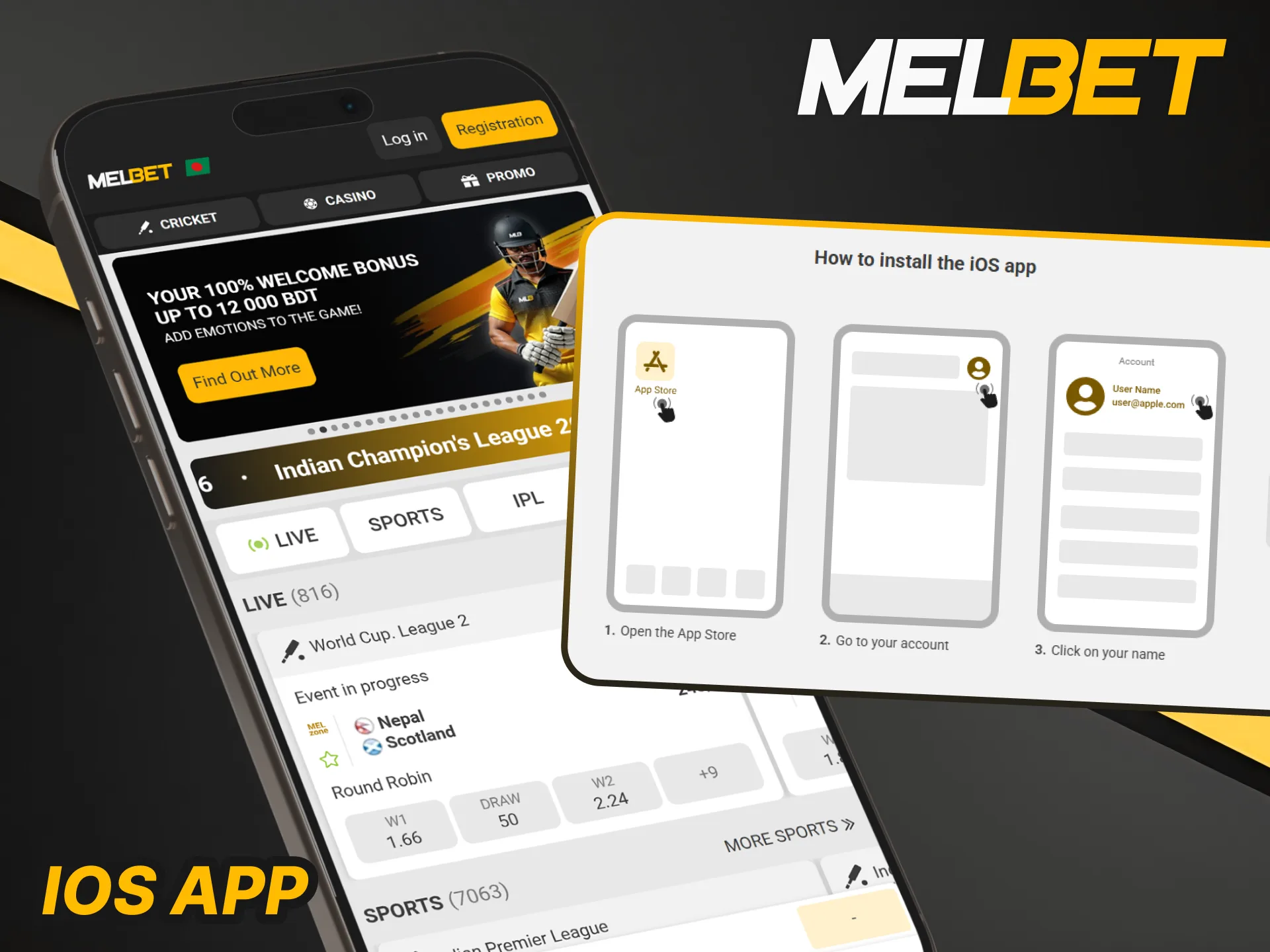 Install the Melbet iOS App and bet on sports from your iPhone.