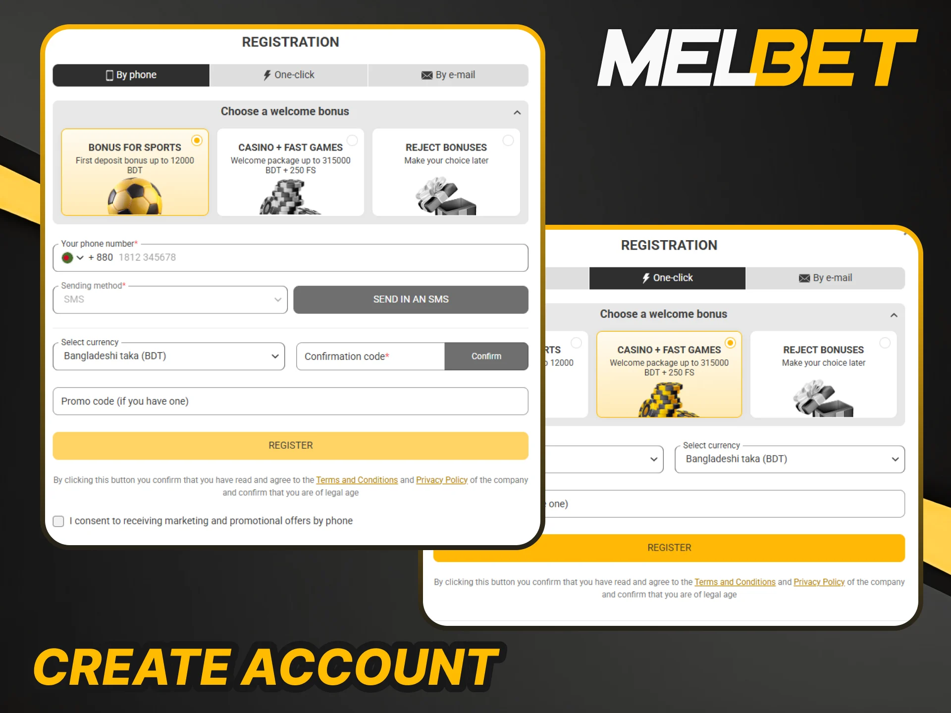 Complete registration form to open a new Melbet account.
