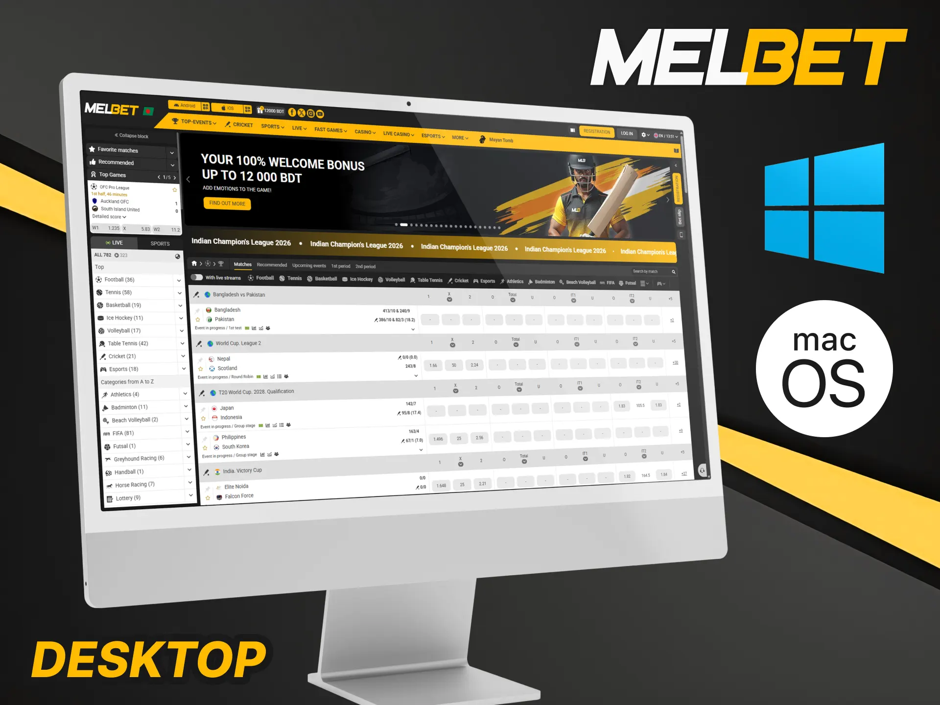 Bet from your computer using the Melbet desktop version for Windows.