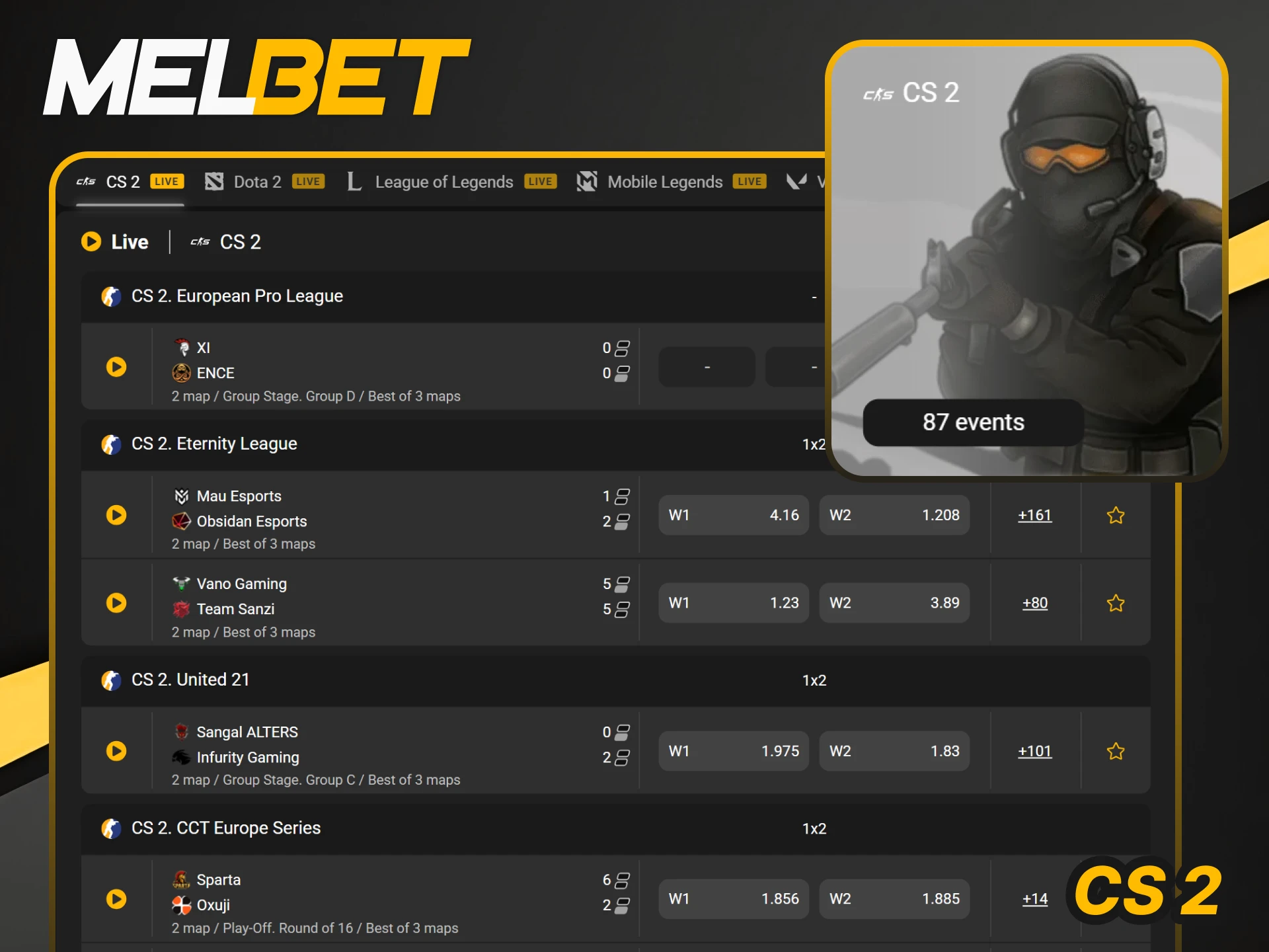 Start CS2 betting and enjoy high odds on the Melbet platform.