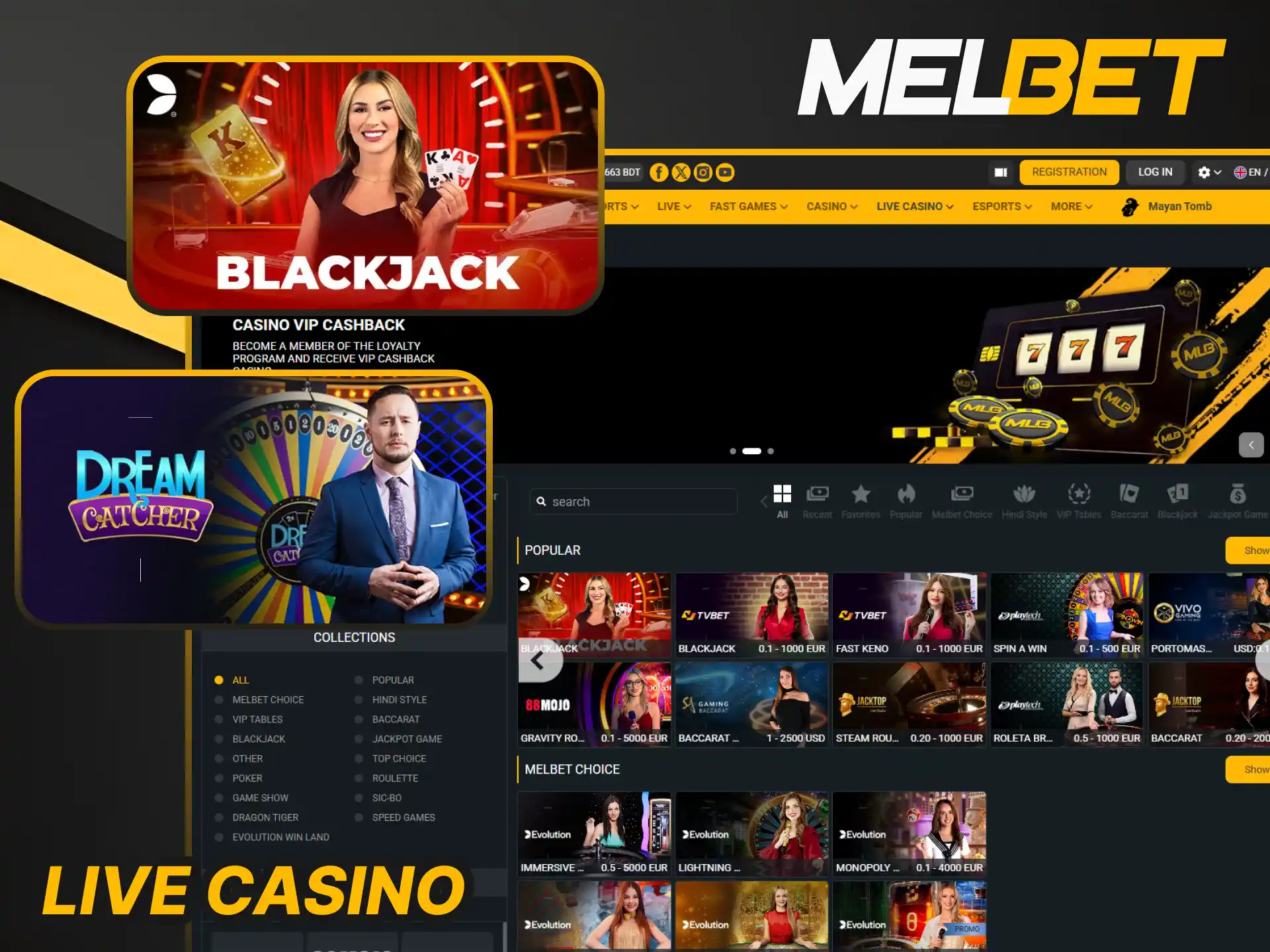 Interact with real dealers in the Live Casino section at Melbet.