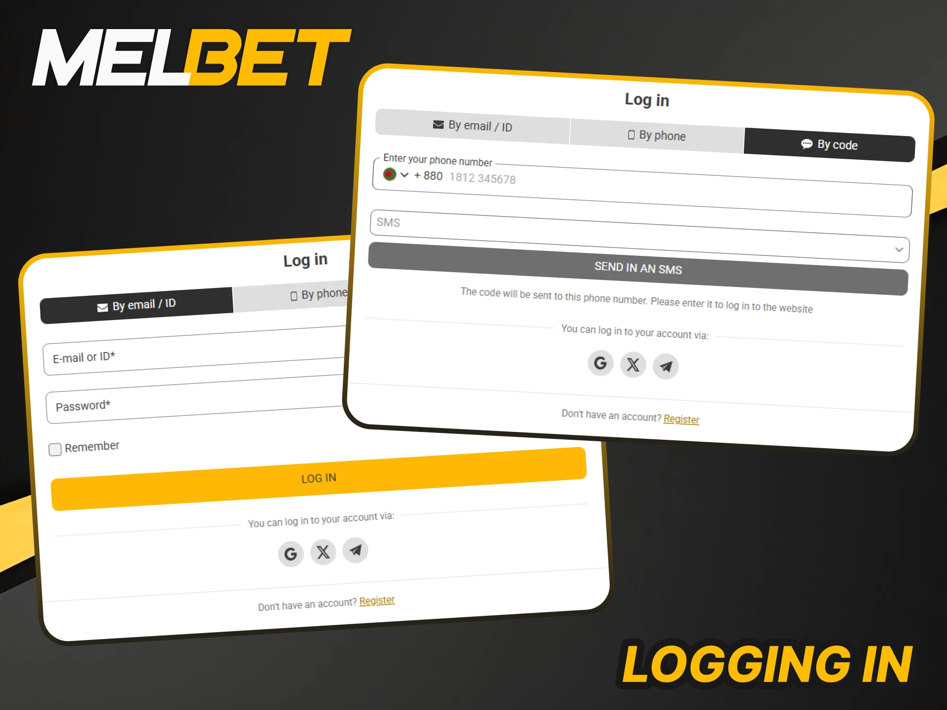 Access your profile by logging in to your personal Melbet account.