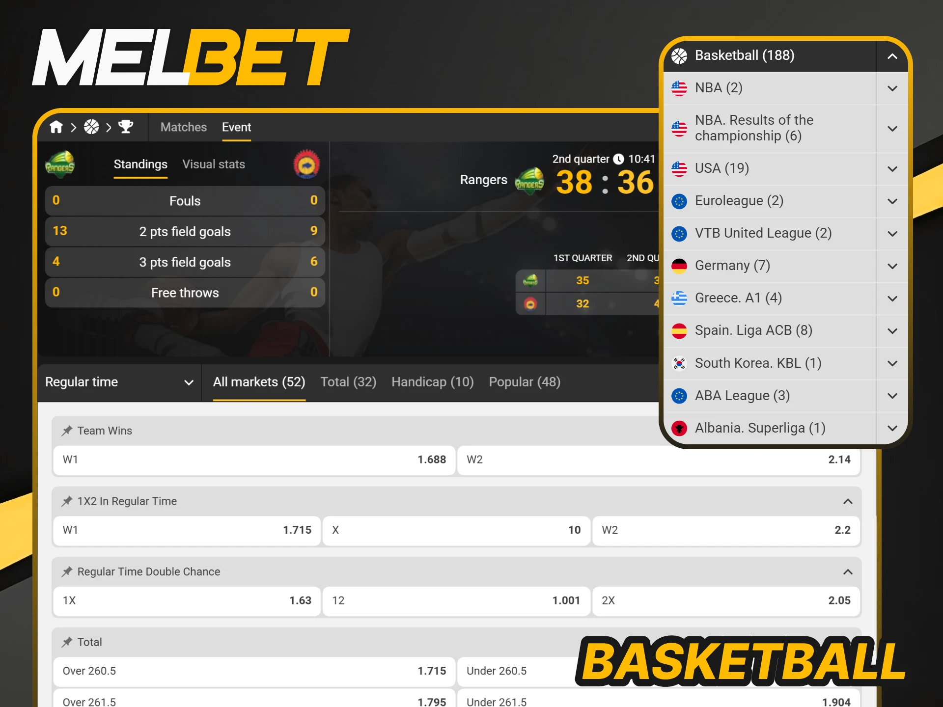 Analyze Basketball games and place winning bets at Melbet.